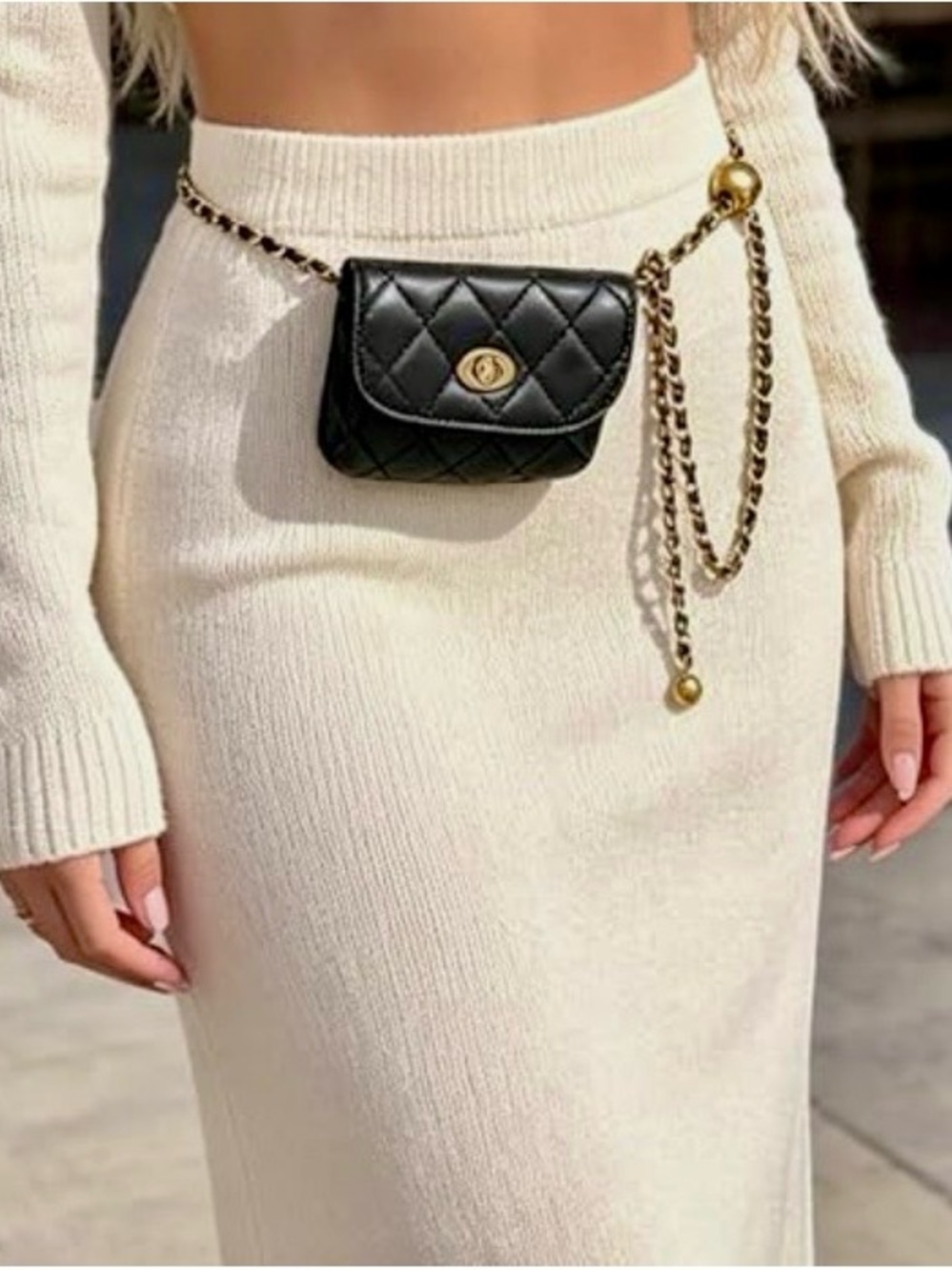 ✨ Quilted Black Mini Belt Bag | Gold Chain Link Accent Waist Purse Fanny Pack